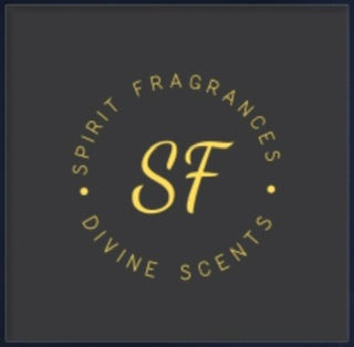 Yellow letters in a semi circle that say spirit fragrances on the top half. There are two dots that connects the circle in the middle. The bottom half reads divine scents in yellow. There is SF in the middle. 